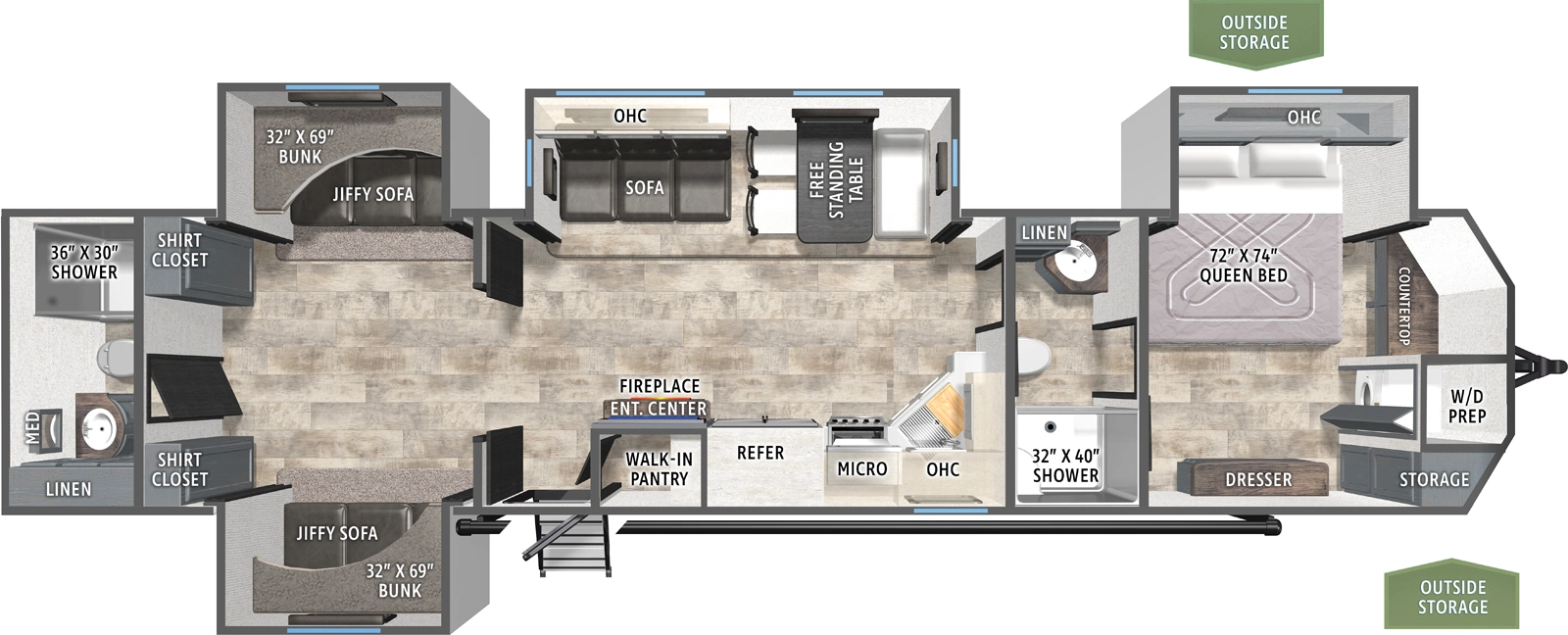 The Puma Vista 39BHK floorplan has one entry and four slide outs. Exterior features include: metal exterior and 21' awning. Interiors features include: bunk beds, front bedroom, rear bathroom, pass through bathroom and two full bathrooms.